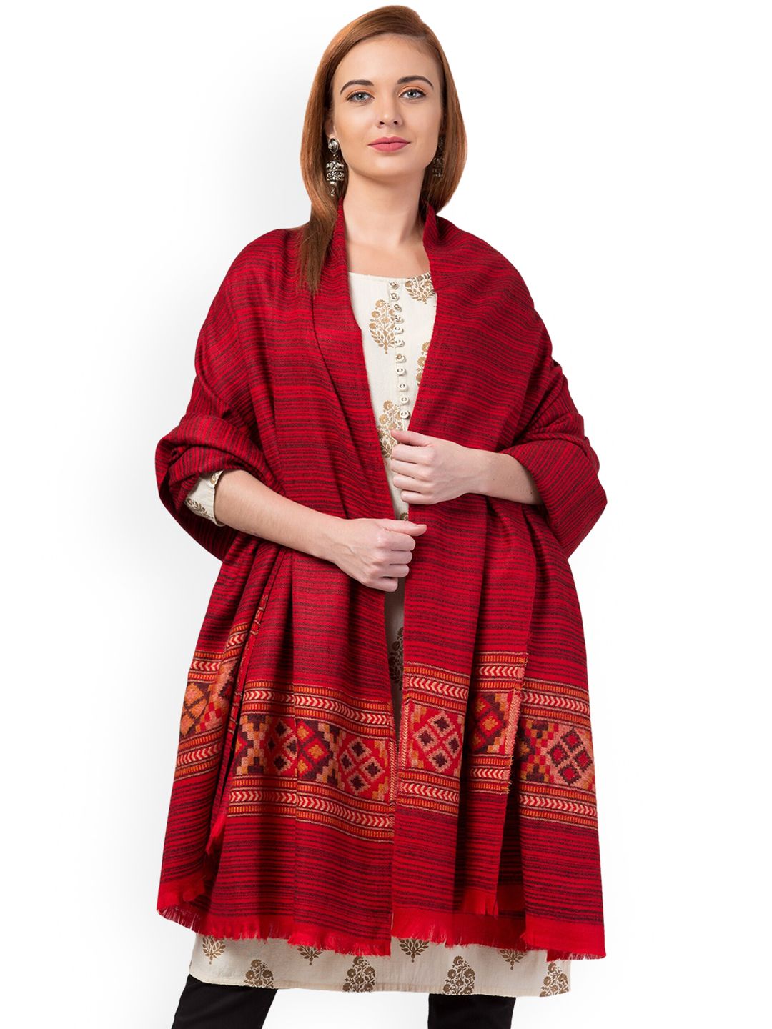 Tweedle Women Red & Black Kullu Design Woven Shawl Price in India