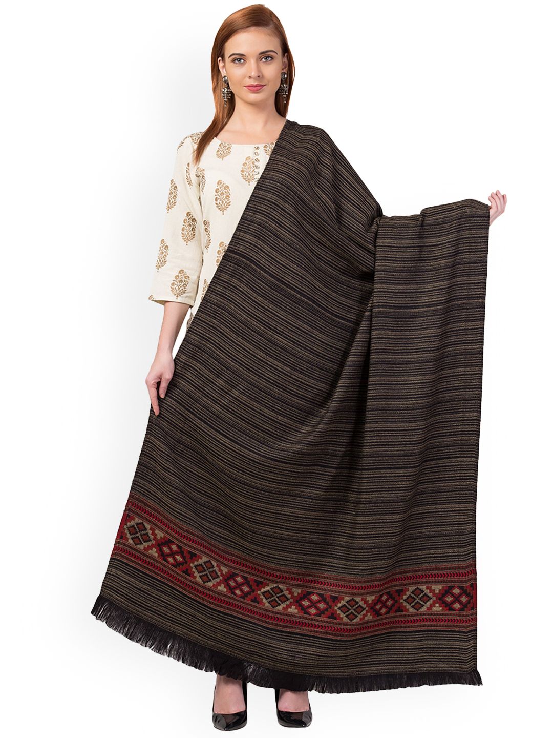 Tweedle Women Black & Red Striped Woven Wool Shawl Price in India