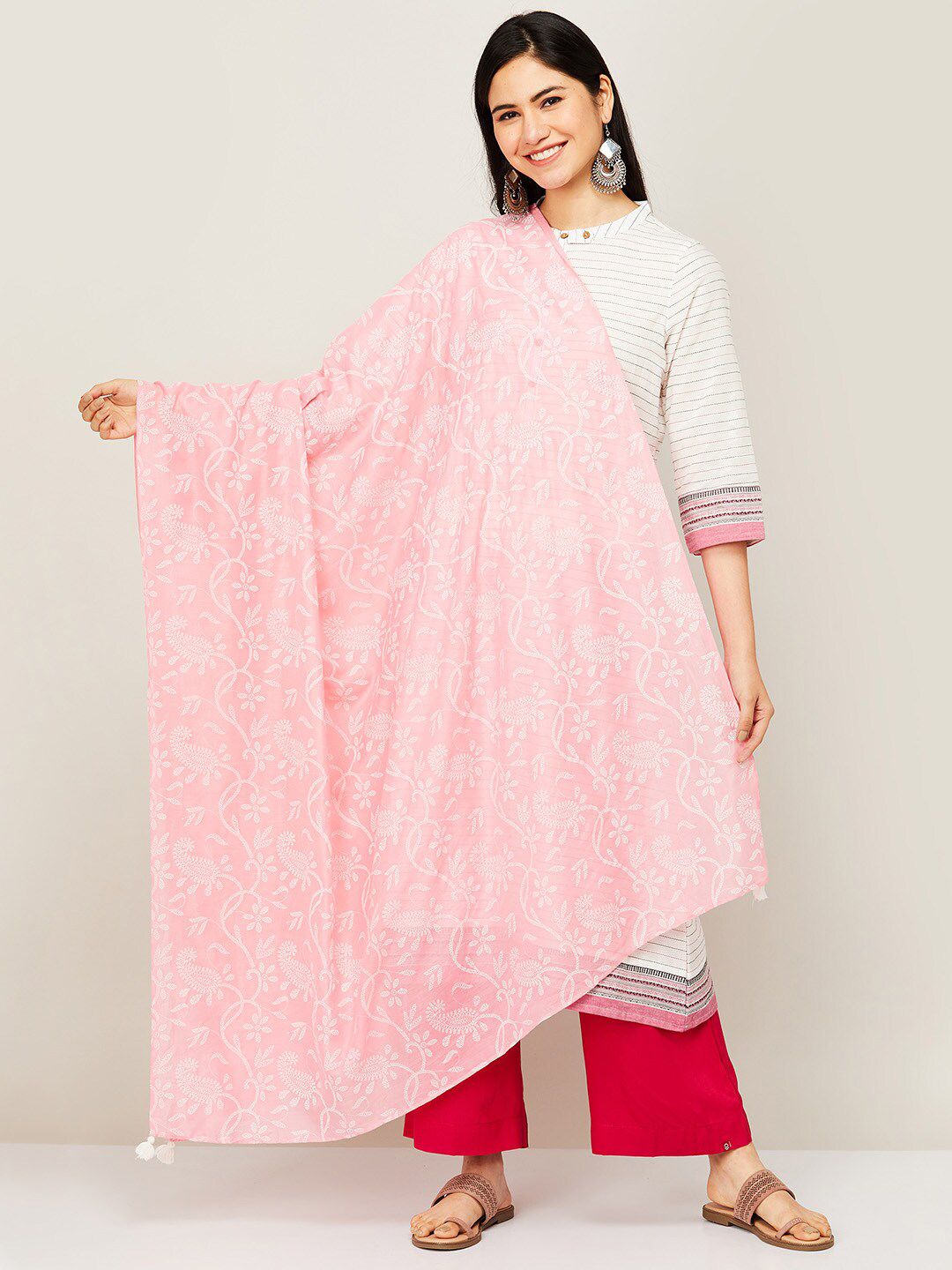 Melange by Lifestyle Pink & White Embroidered Viscose Rayon Dupatta Price in India