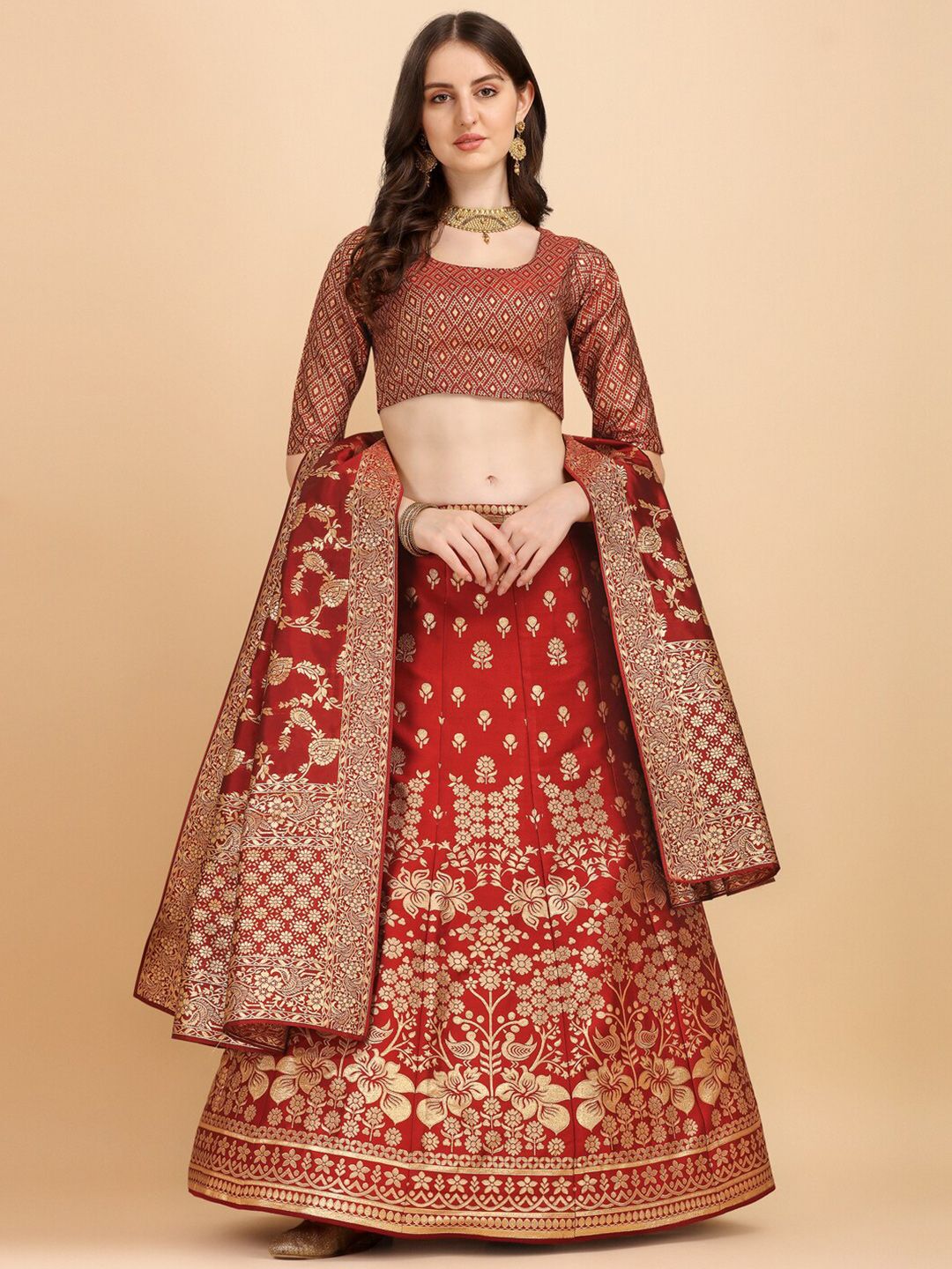 HERE&NOW Maroon & Gold-Toned Semi-Stitched Lehenga & Unstitched Blouse With Dupatta Price in India