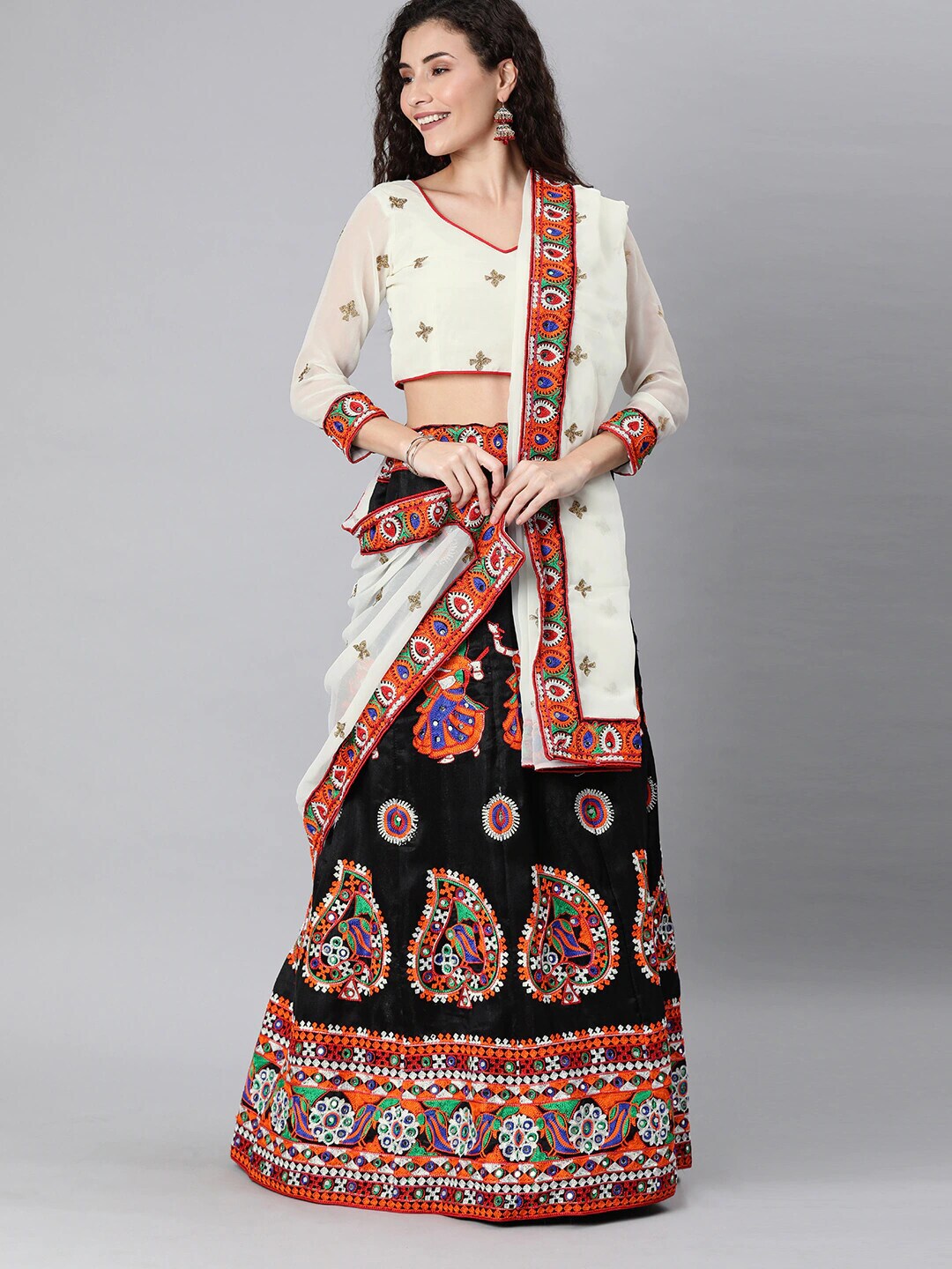 HERE&NOW Black & White Embroidered Thread Work Semi-Stitched Lehenga & Unstitched Blouse With Dupatta Price in India