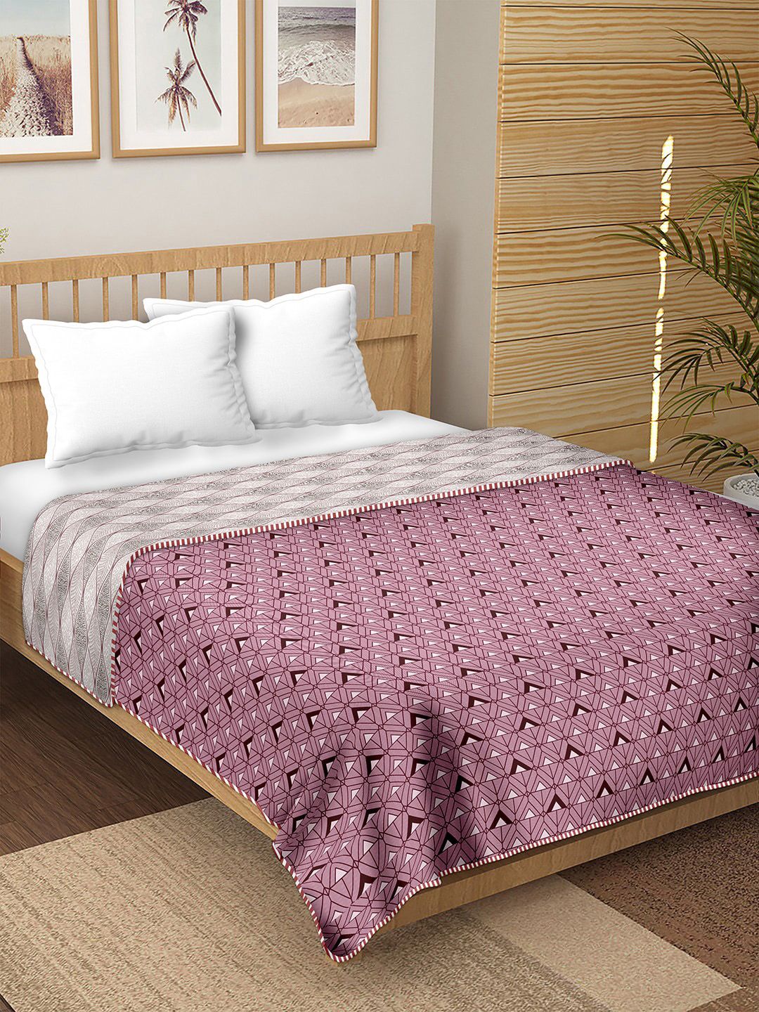 BELLA CASA Pink & Grey Reversible Cotton Summer Double Bed Dohar Price in India
