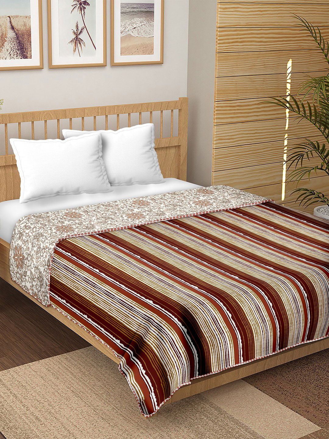 BELLA CASA Brown & White Striped Summer Double Bed Dohar Price in India