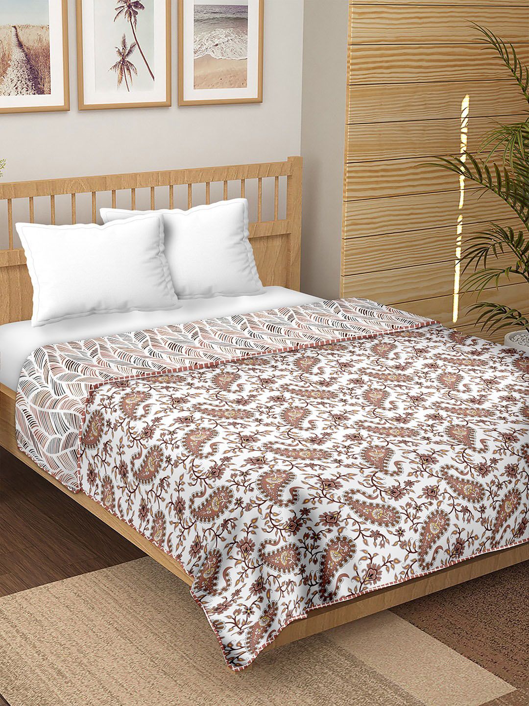 BELLA CASA Brown & White Ethnic Motifs Reversible Cotton Summer Double Bed Dohar Price in India