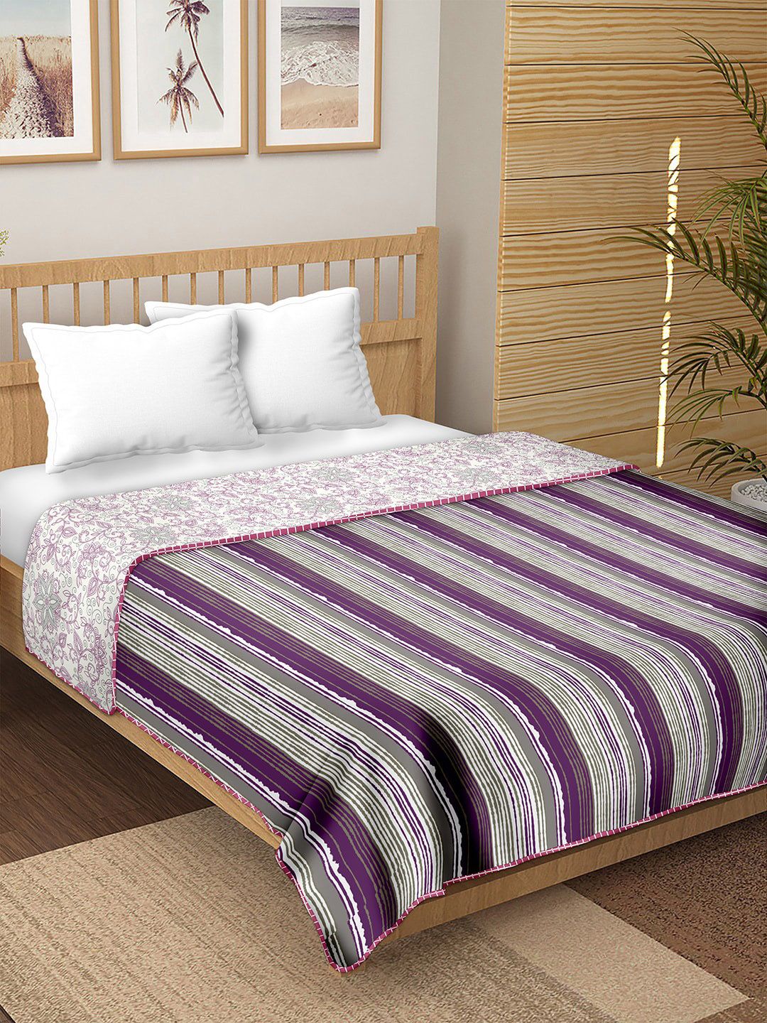 BELLA CASA Purple & White 180 GSM Reversible Cotton Double Bed Dohar Price in India