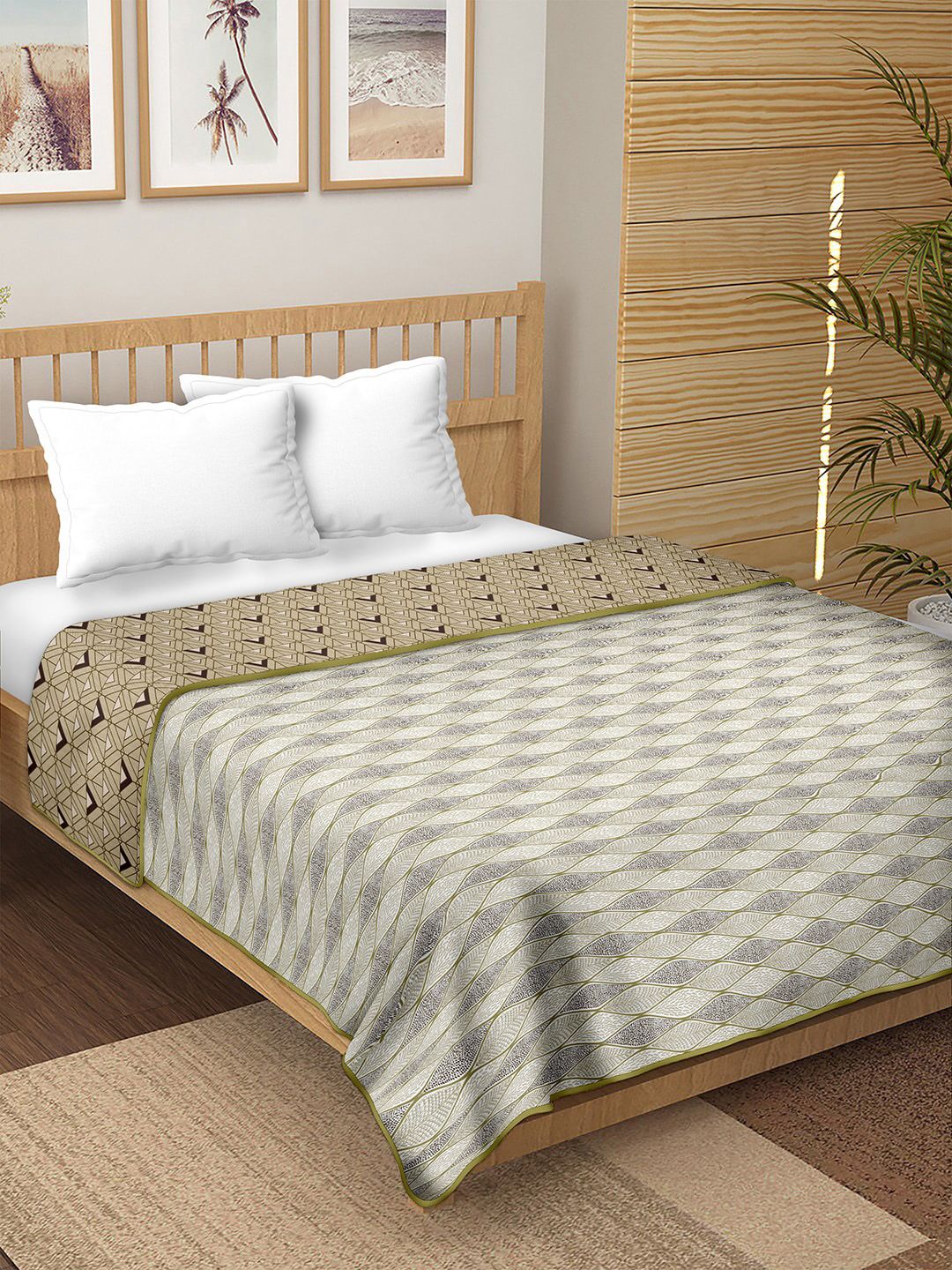 BELLA CASA Unisex Green & Grey Printed Double Bed 180 GSM Cotton Reversible Dohar Price in India