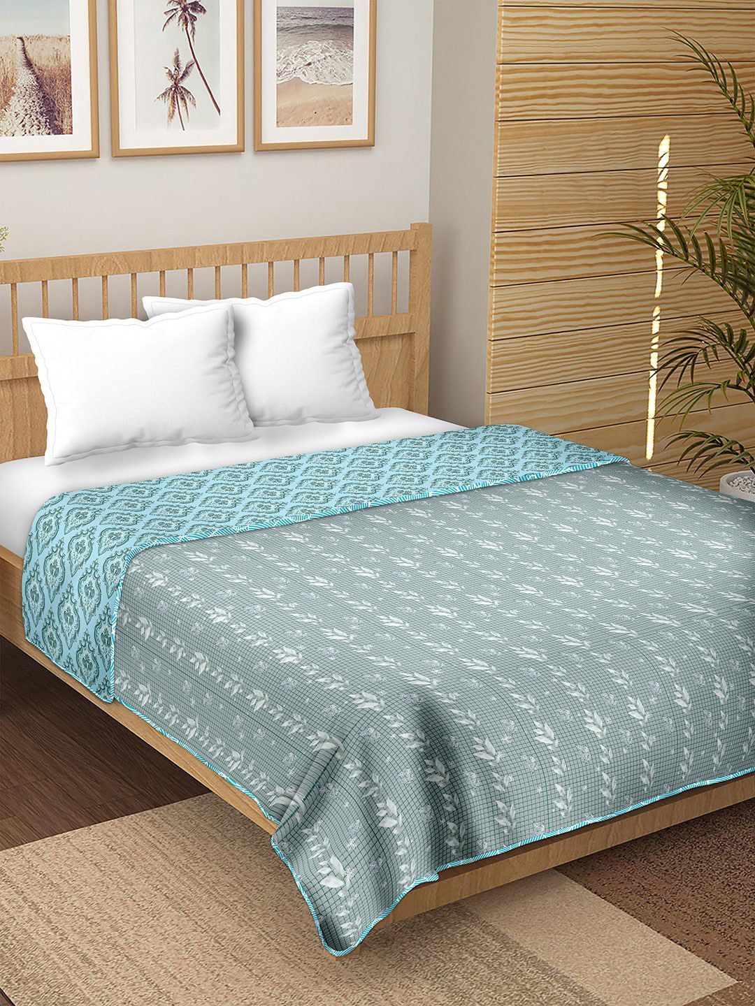 BELLA CASA Blue & White Summer Double Bed Dohar Price in India