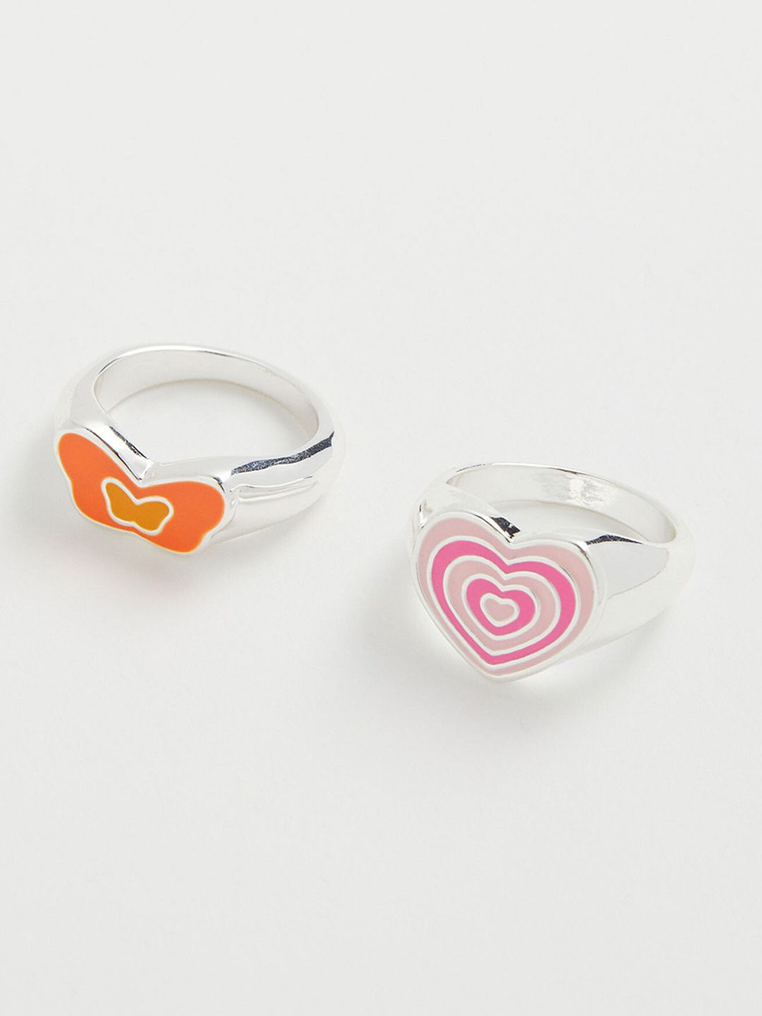 H&M Women Set Of 2 Silver Plated Pink & Orange Centerpiece Studded Finger Ring Price in India