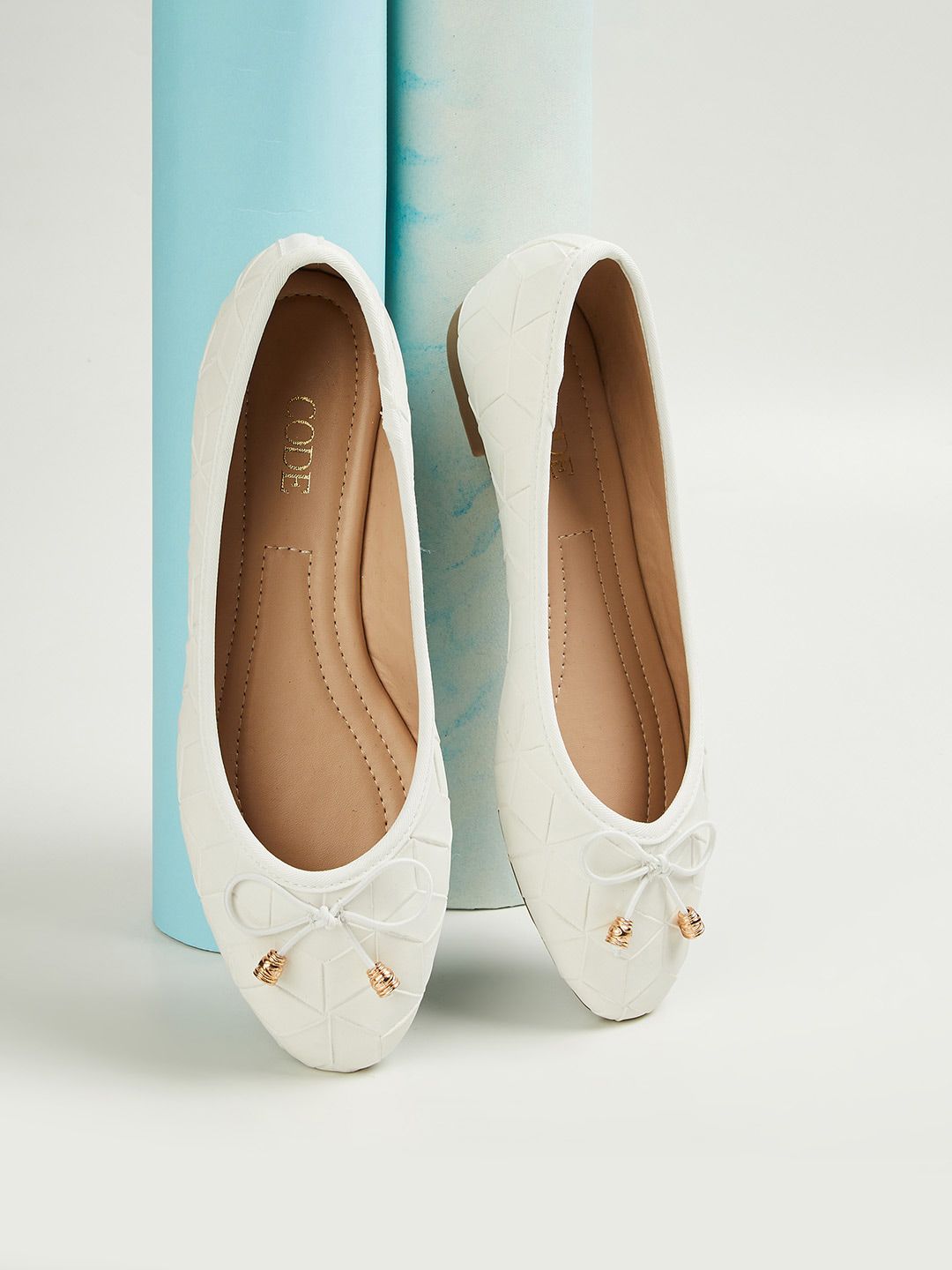 CODE by Lifestyle Women White Textured Ballerinas with Bows Flats Price in India