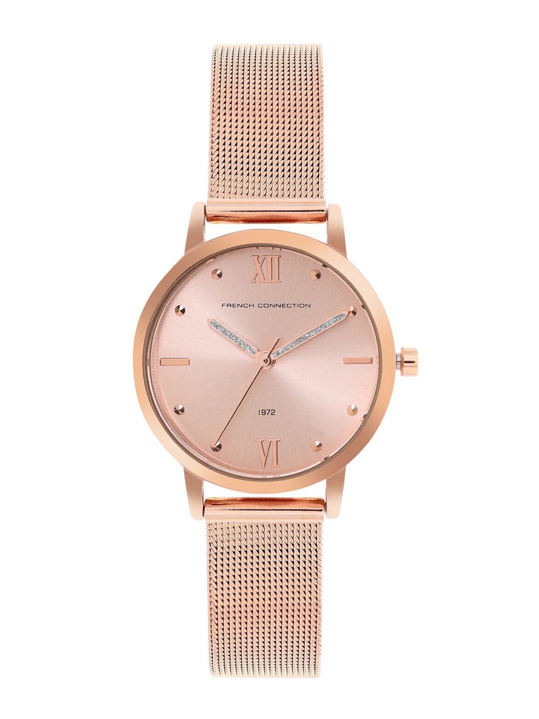 French Connection Women Rose Gold-Toned Embellished Dial & Rose Gold Toned Stainless Steel Bracelet Style Watch Price in India