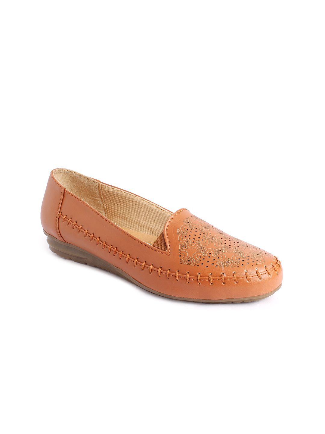 XE Looks Women Tan Printed Ballerinas with Laser Cuts Flats