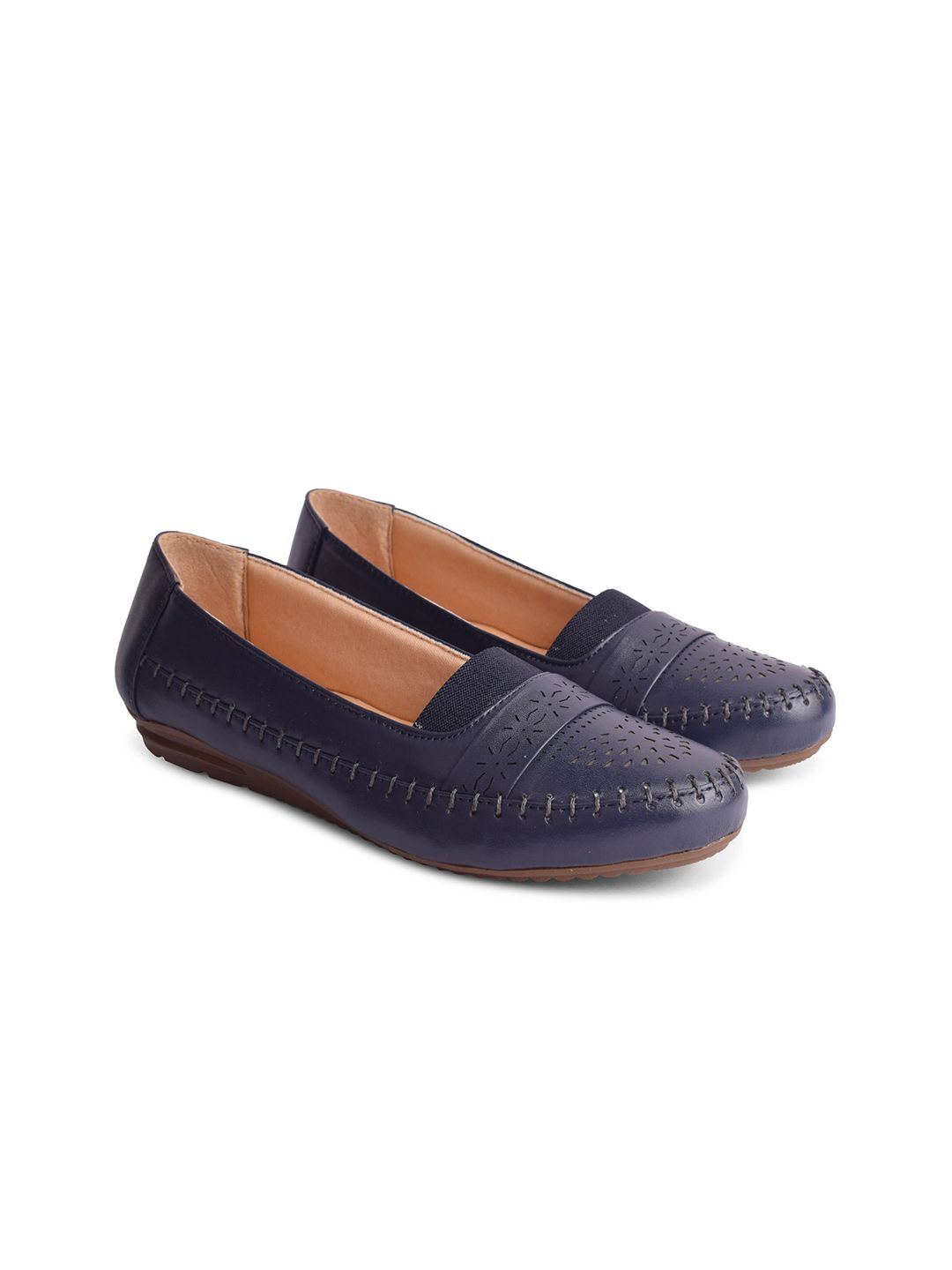 XE Looks Women Navy Blue Textured Ballerinas with Laser Cuts Flats