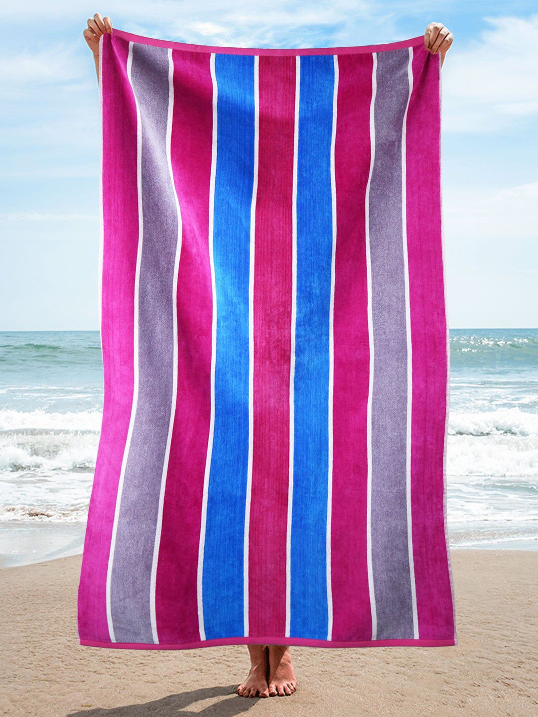 Trident Purple & Blue Striped Cotton 500 GSM Bath Towel Price in India