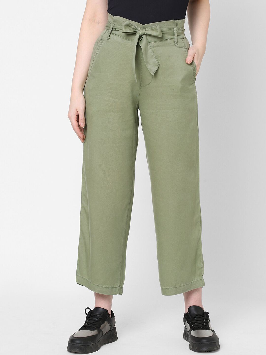 Kraus Jeans Women Olive Green Loose Fit High-Rise Trousers Price in India