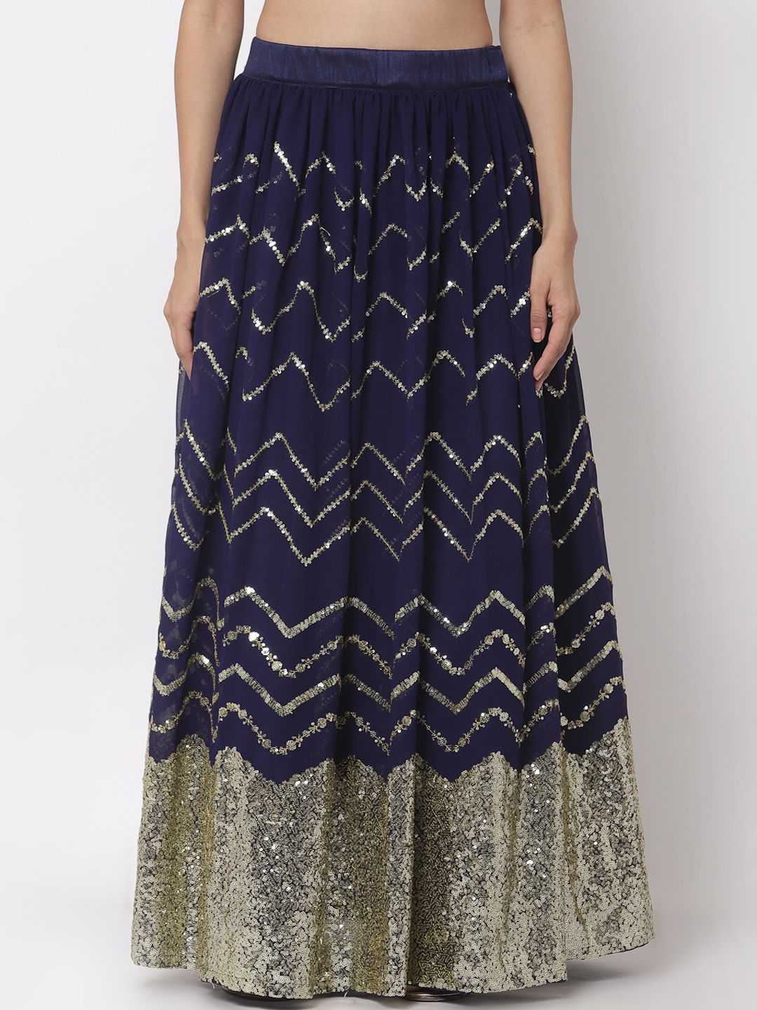 studio rasa Women Navy Blue & Gold-Toned Embroidered Gathered Lehenga Skirt