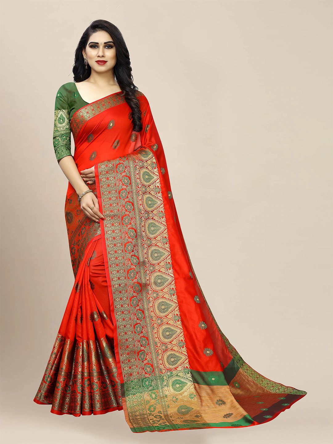 VAIVIDHYAM Red & Green Floral Zari Silk Cotton Banarasi Saree