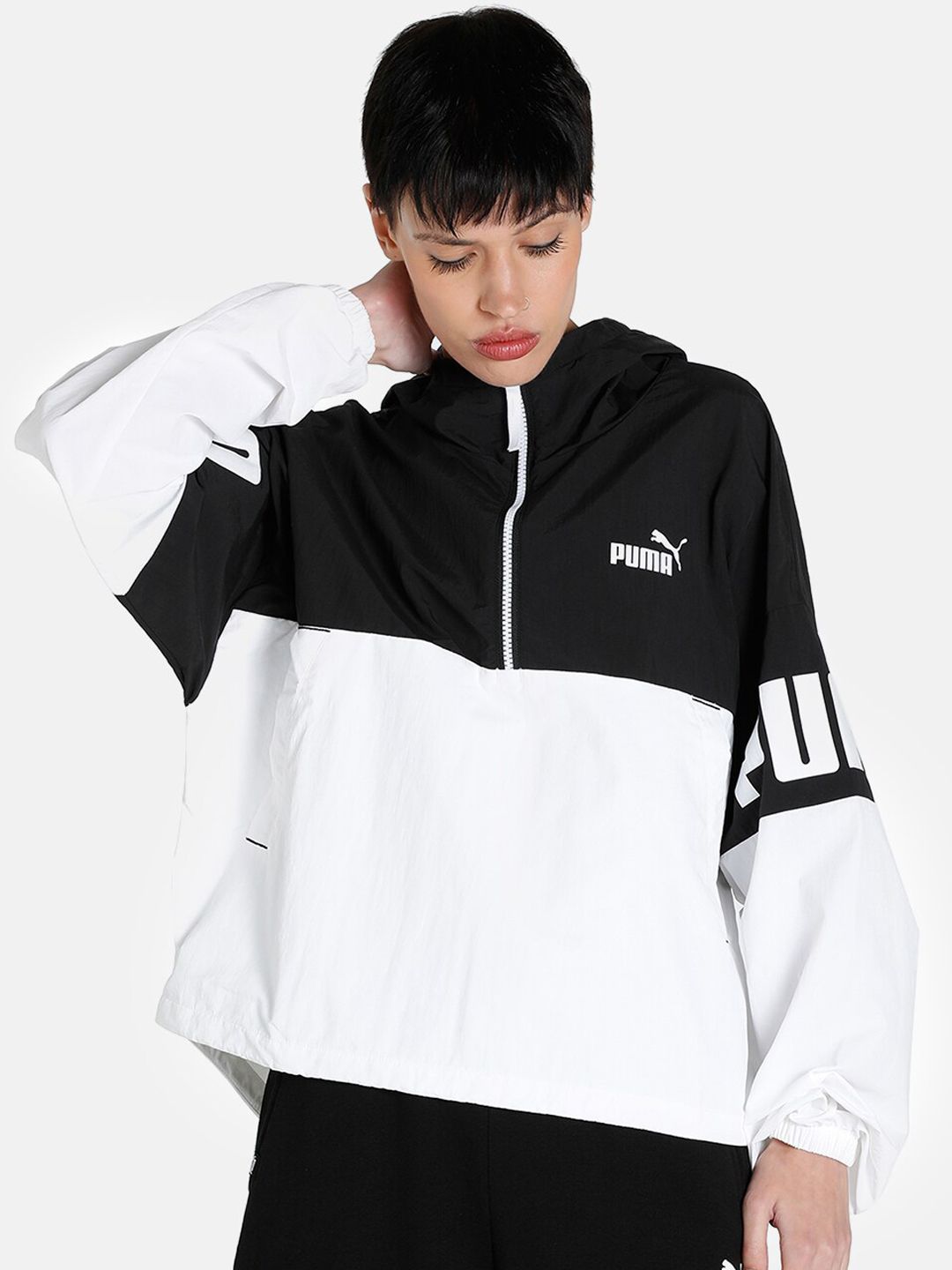 Puma Women White & Black Color-Blocked Relaxed-Fit Cropped Jacket Price in India