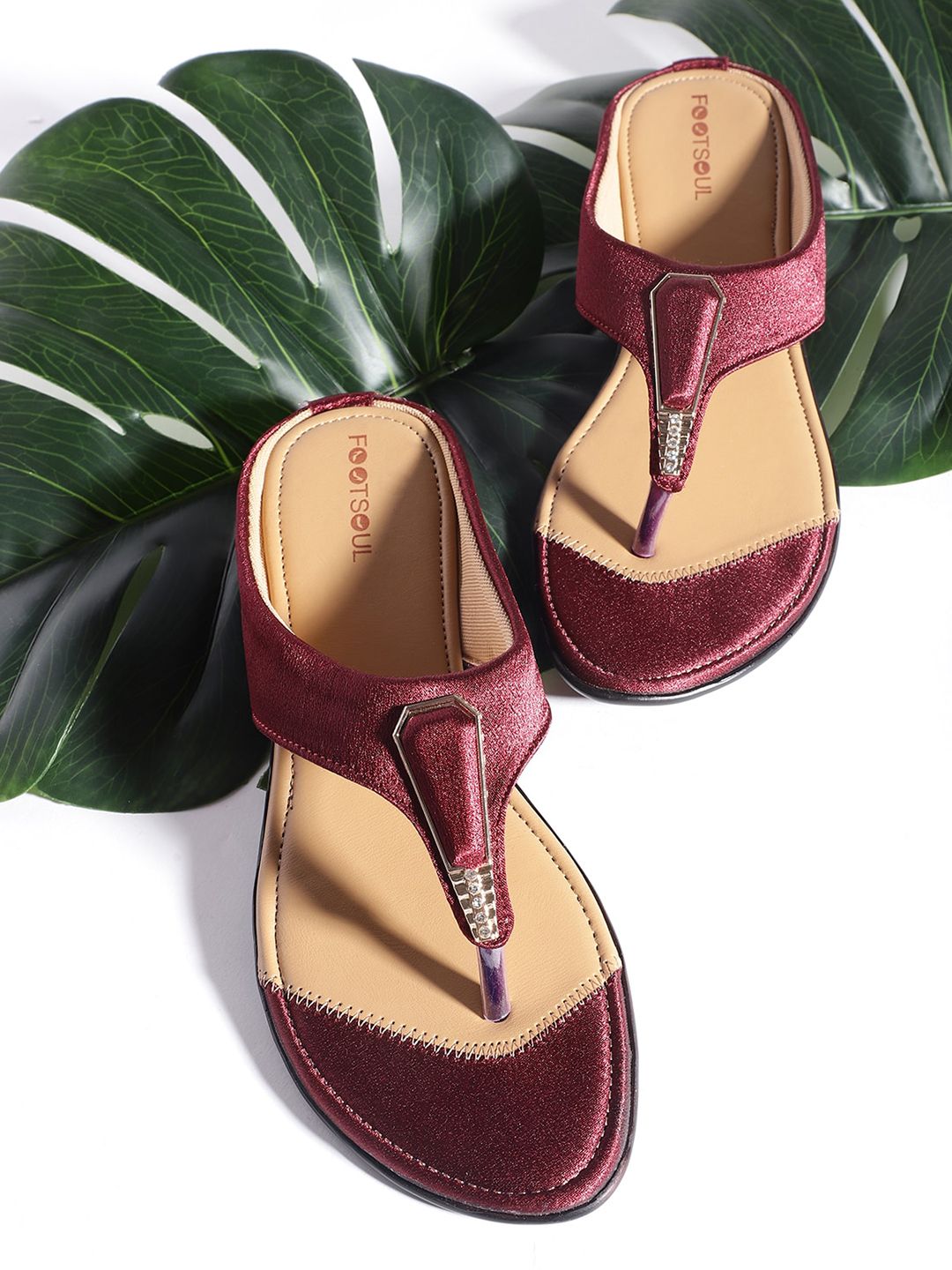 FOOTSOUL Women Magenta T-Strap Flats Price in India
