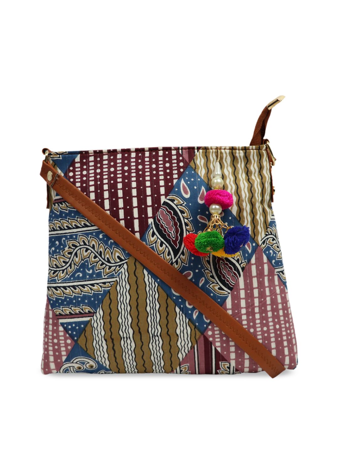 LELYS Multicoloured Geometric Structured Sling Bag with Fringed Price in India