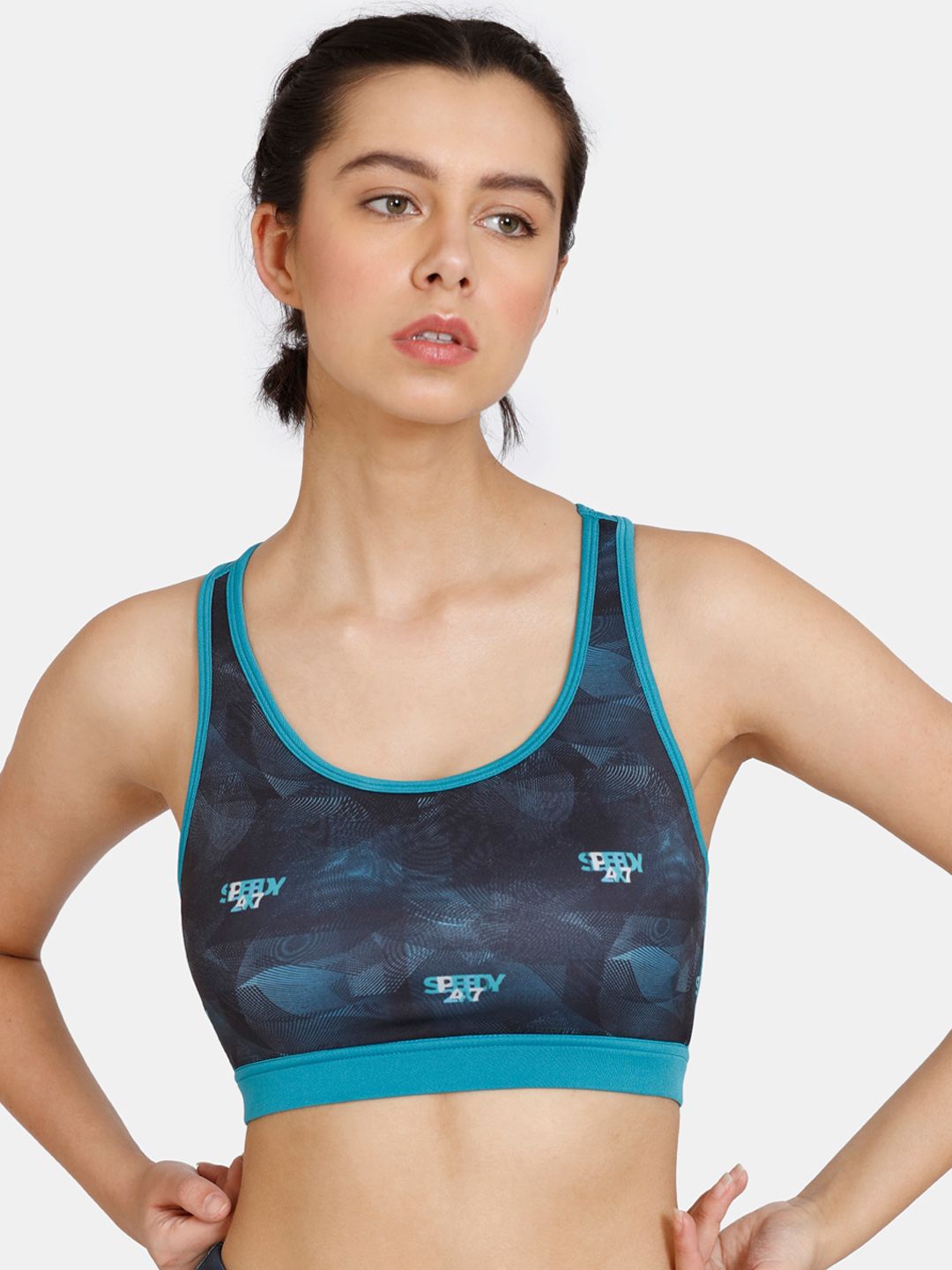 Zelocity by Zivame Teal & Black Abstract Workout Bra Price in India
