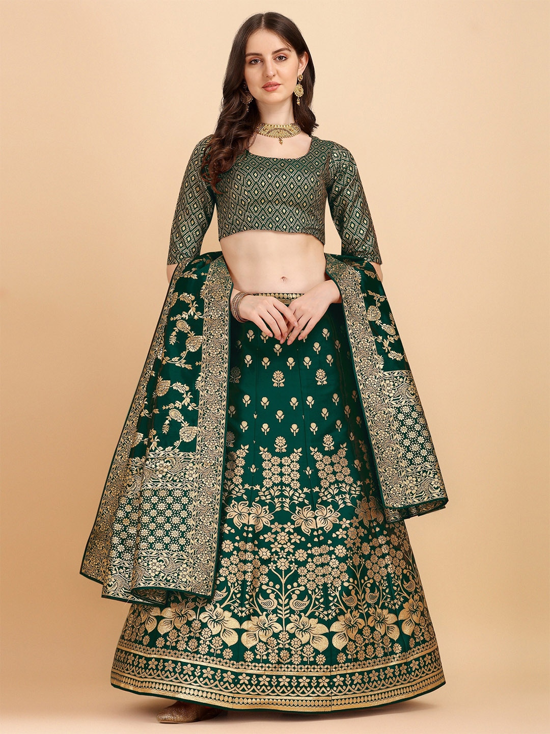 HERE&NOW Green & Gold-Toned Semi-Stitched Lehenga & Unstitched Blouse With Dupatta Price in India