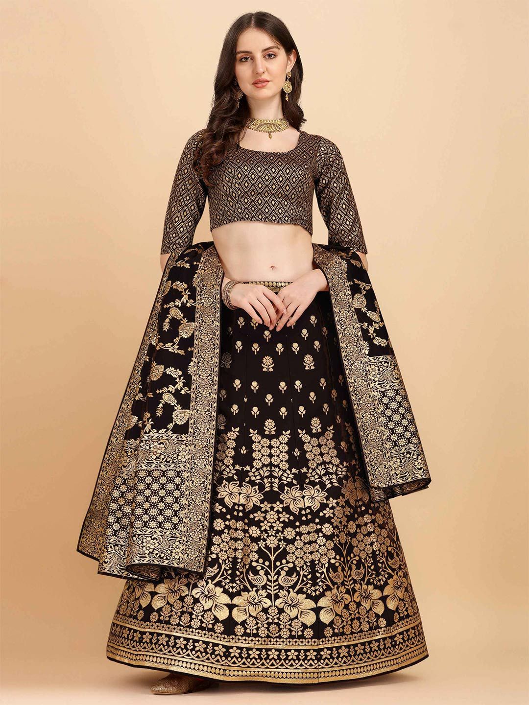 HERE&NOW Black & Gold-Toned Semi-Stitched Lehenga & Unstitched Blouse With Dupatta Price in India