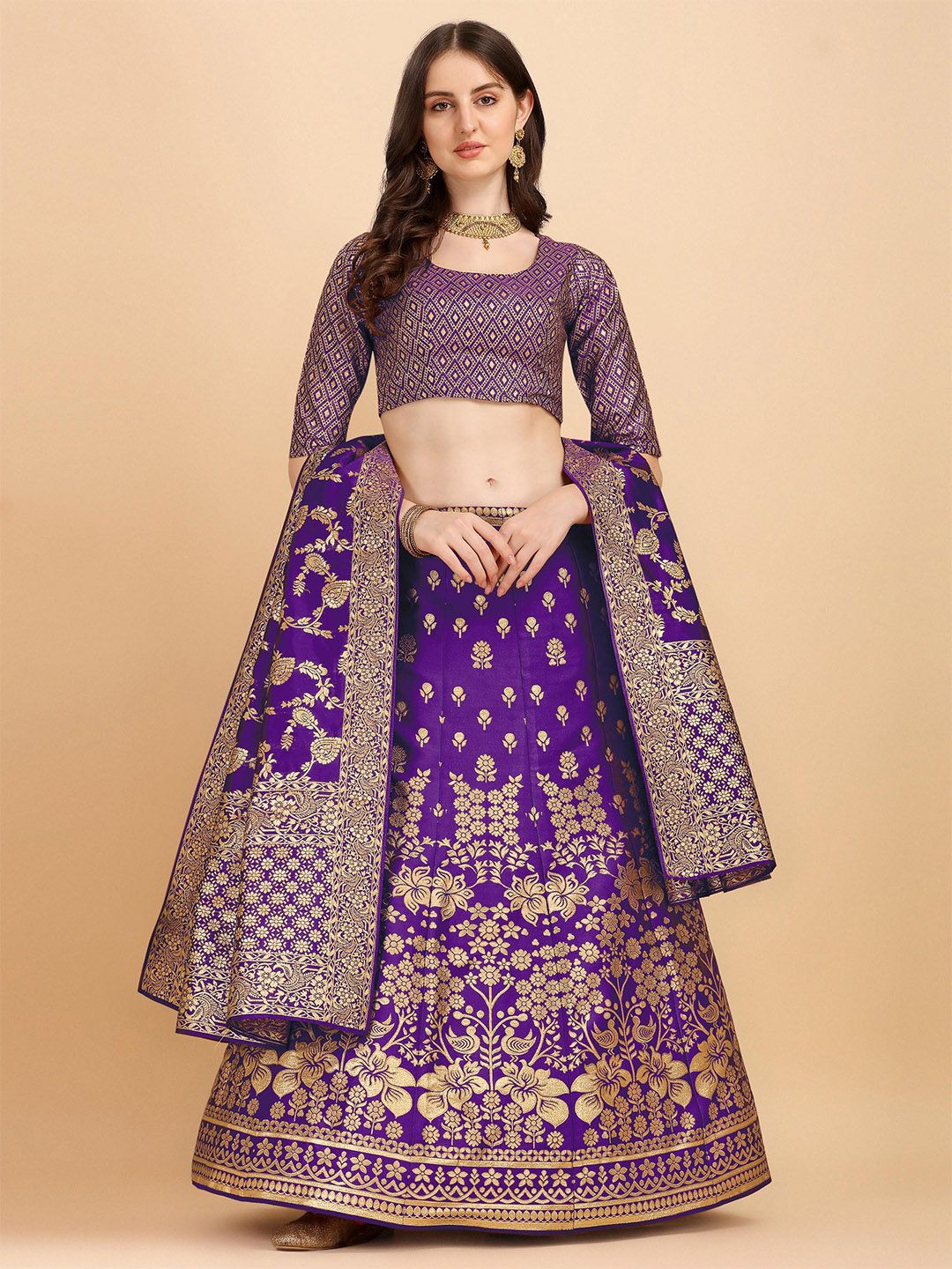 HERE&NOW Purple & Gold-Toned Semi-Stitched Lehenga & Unstitched Blouse With Dupatta Price in India