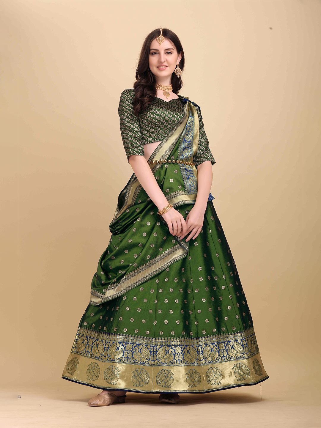 HERE&NOW Green & Blue Semi-Stitched Lehenga & Unstitched Blouse With Dupatta