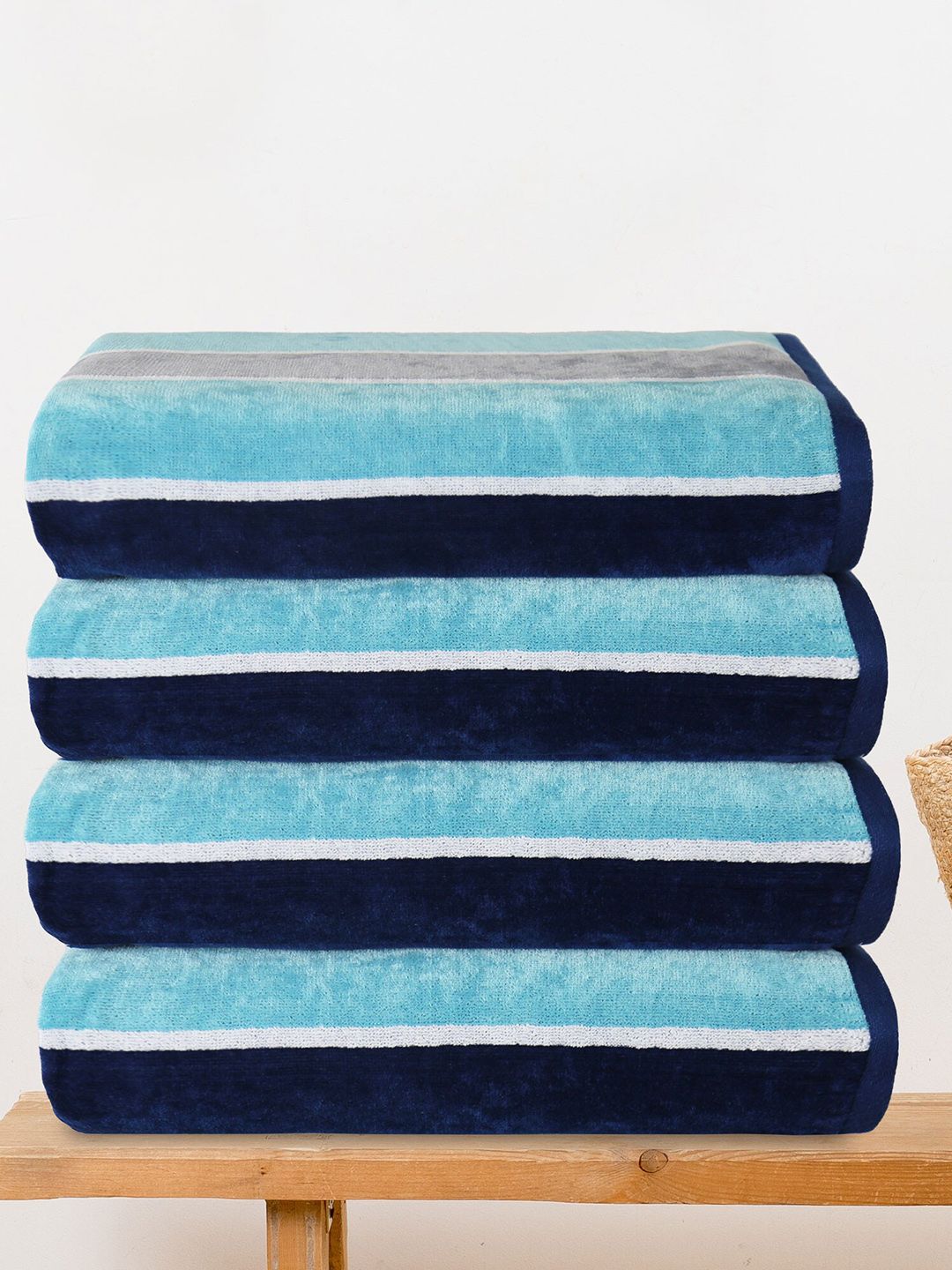 Trident Pack of 4 Blue Striped Bath Towels Price in India