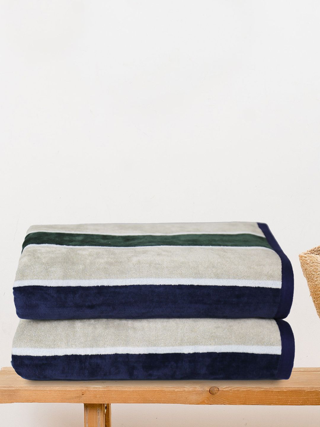 Trident Set Of 2 Green Striped 500 GSM Pure Cotton Terry Bath Towel Set Price in India