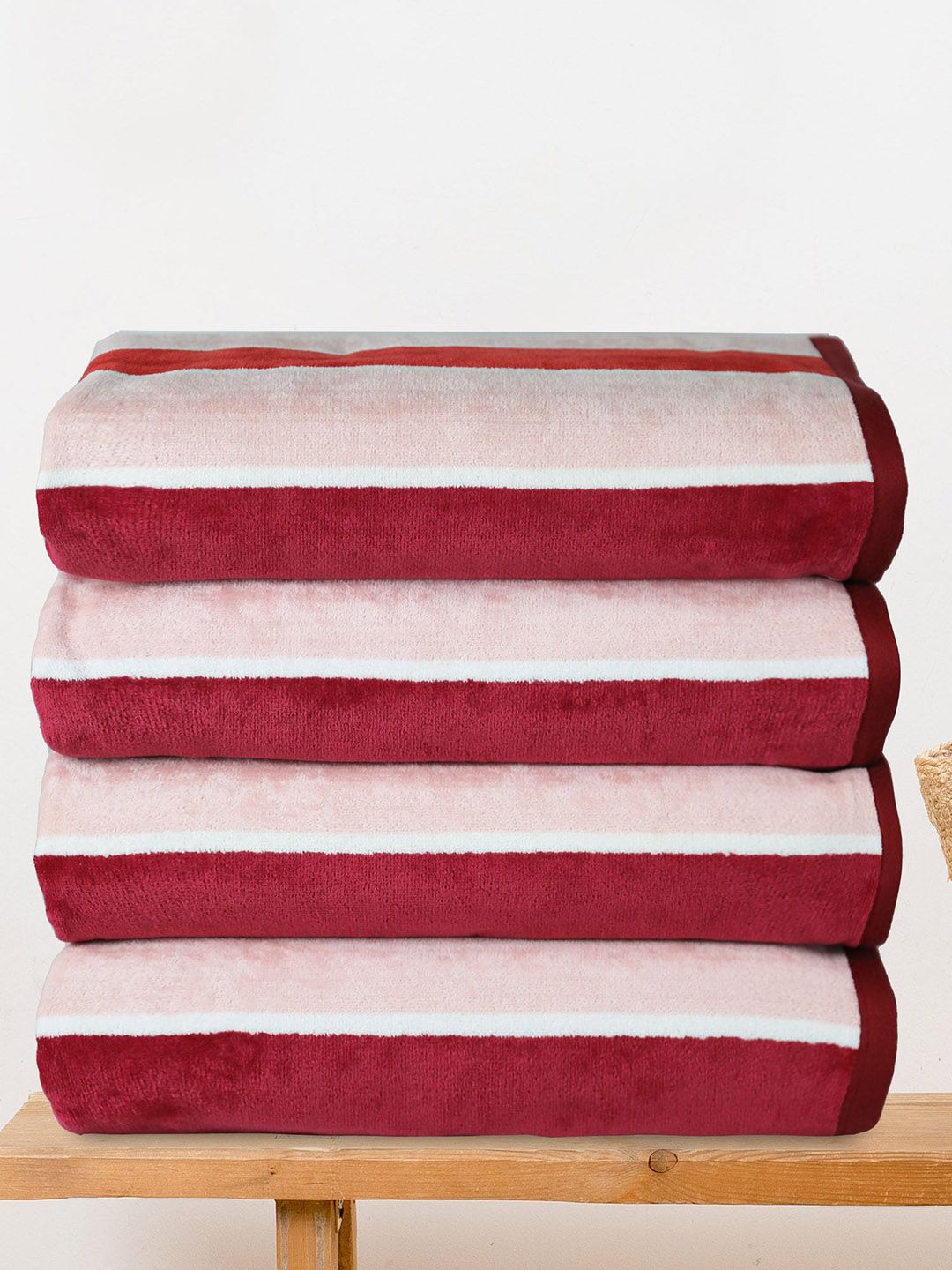 Trident Coral Pink & Red Striped 500GSM 4pc Towel Set Price in India