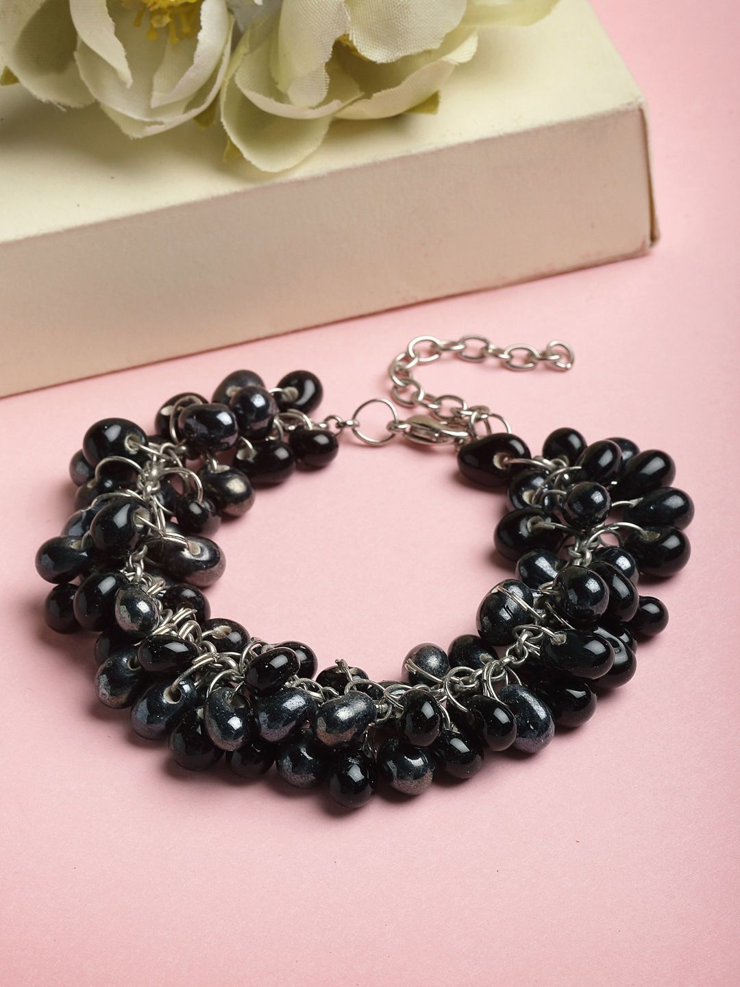 VOGUE PANASH Women Oxidised Silver-Plated Black Brass Pearls Charm Bracelet Price in India