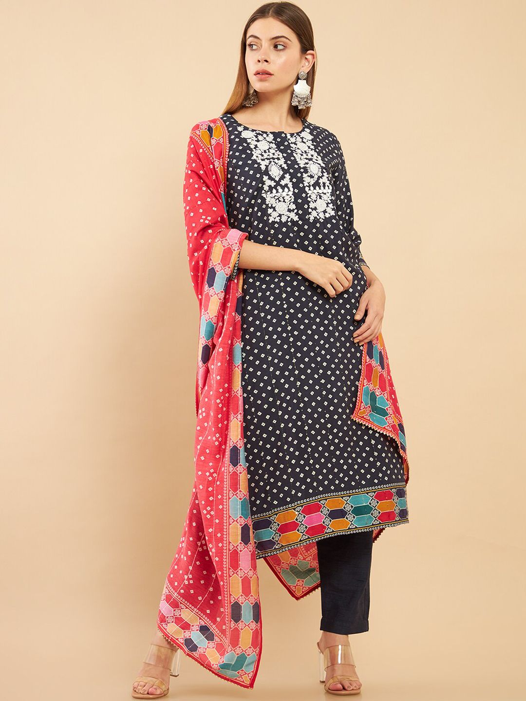 Soch Women Black Printed Panelled Thread Work Kurti with Trousers & With Dupatta Price in India