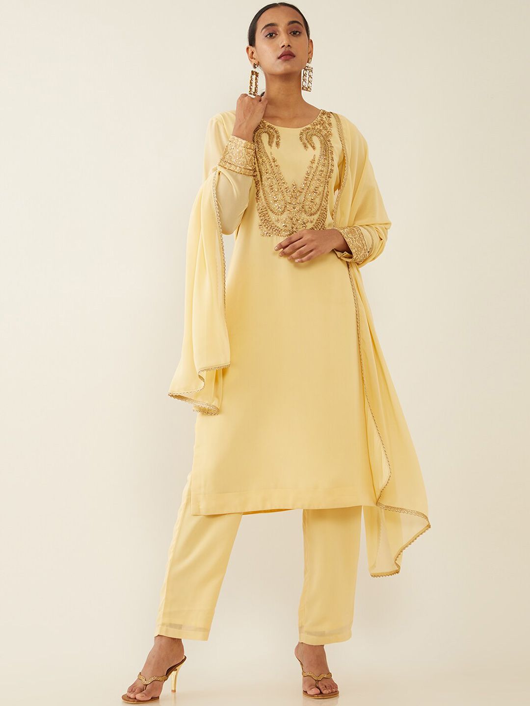 Soch Women Mustard Yellow Ethnic Motifs Yoke Design Layered Sequinned Kurta with Trousers Price in India