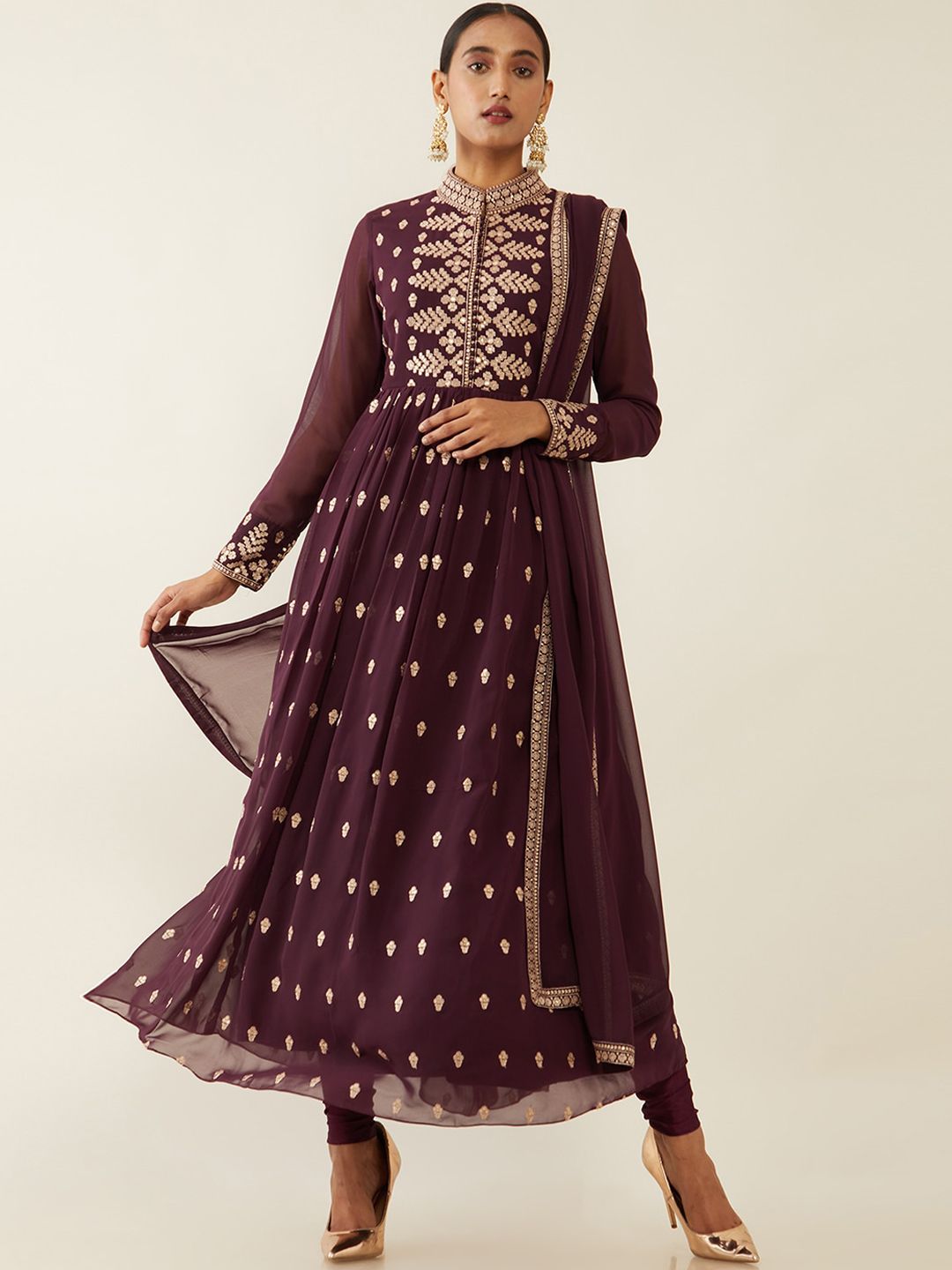 Soch Women Mauve Panelled Thread Work Kurti with Churidar & With Dupatta Price in India