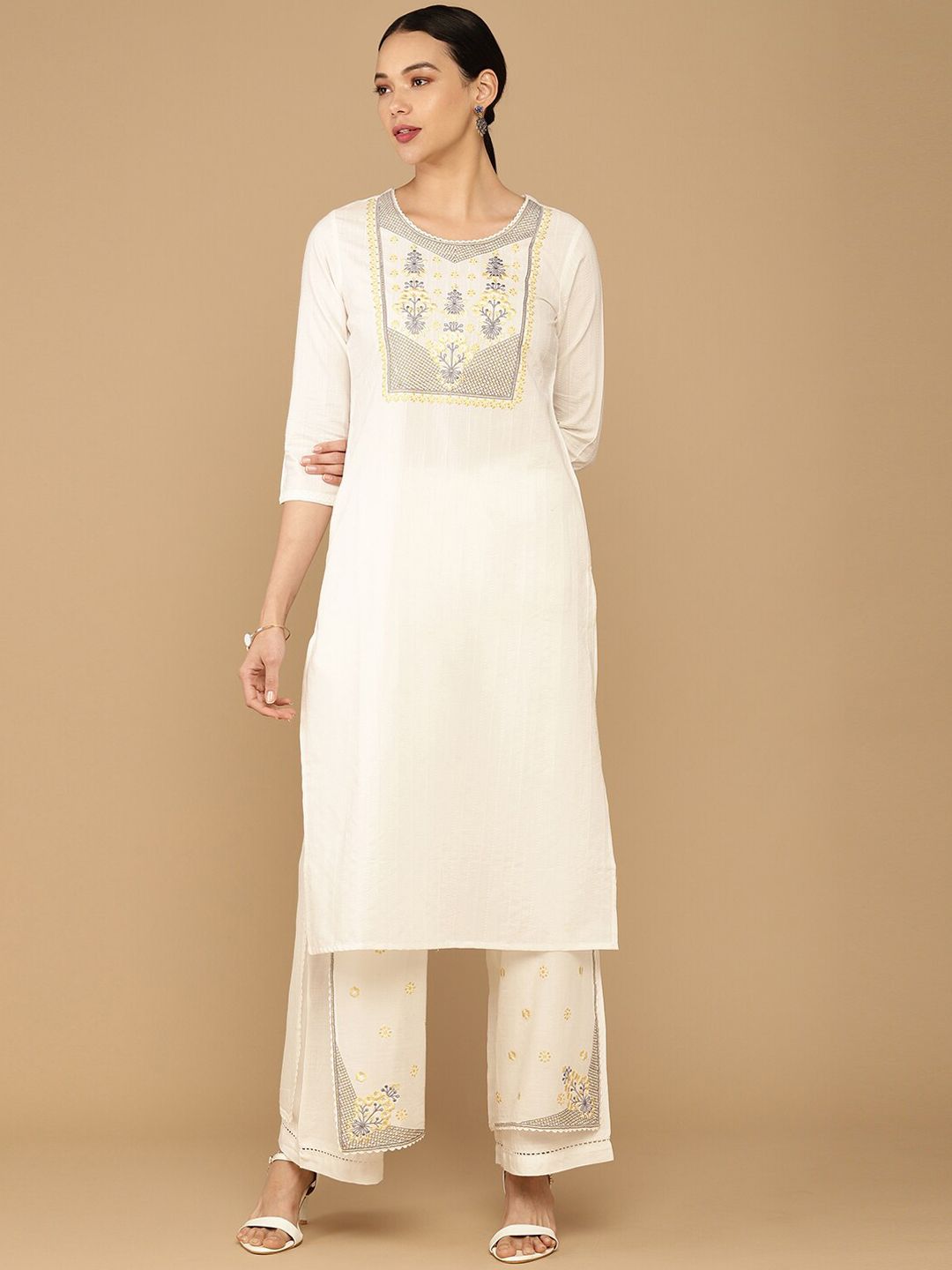 Soch Women Off White Floral Embroidered Pleated Thread Work Pure Cotton Kurti with Palazzos Price in India