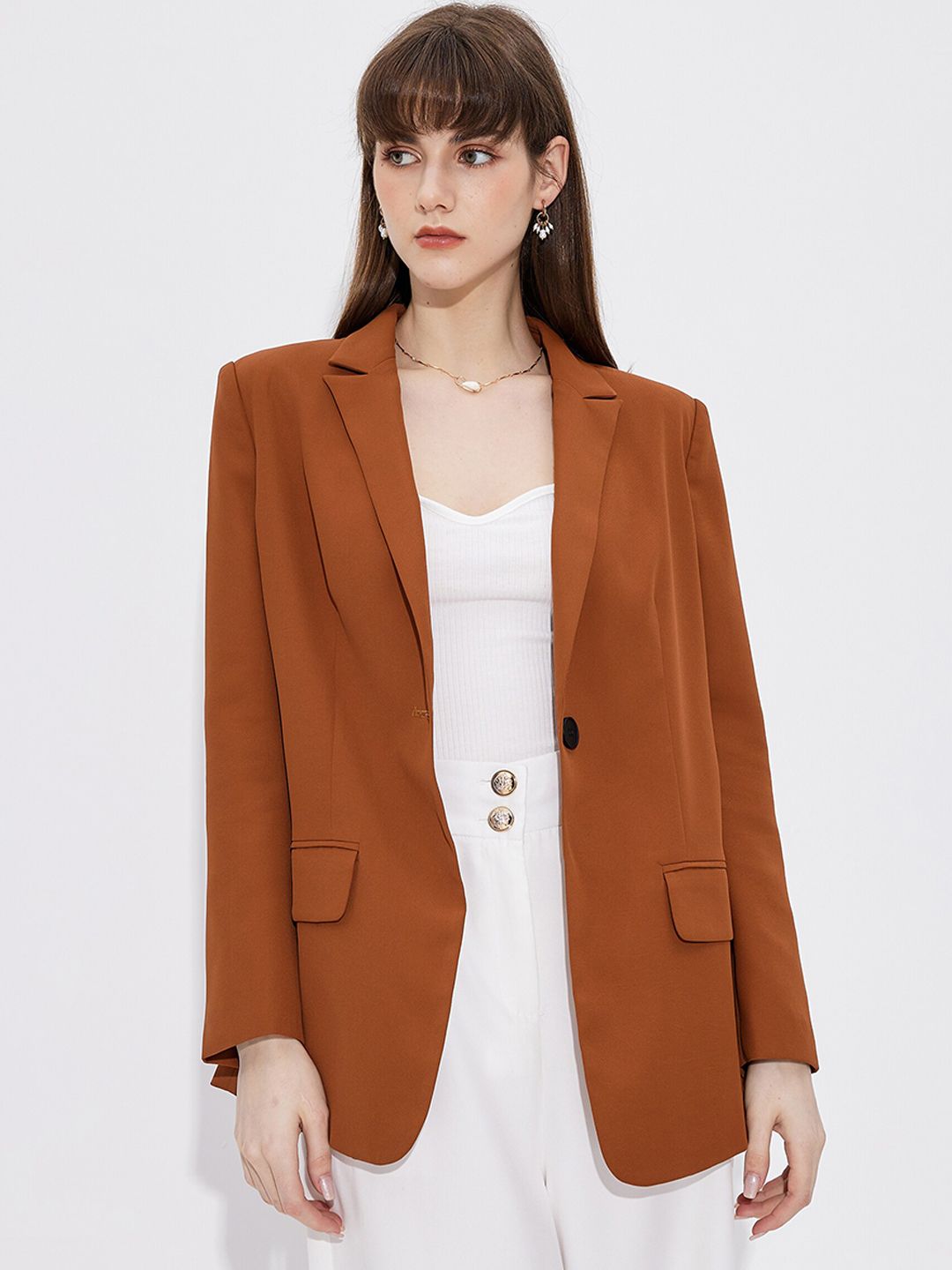 URBANIC Women Brown Solid Single-Breasted Casual Blazer Price in India