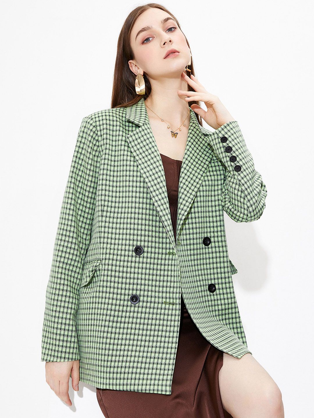 URBANIC Women Green & Black Checked Single-Breasted Casual Blazer Price in India