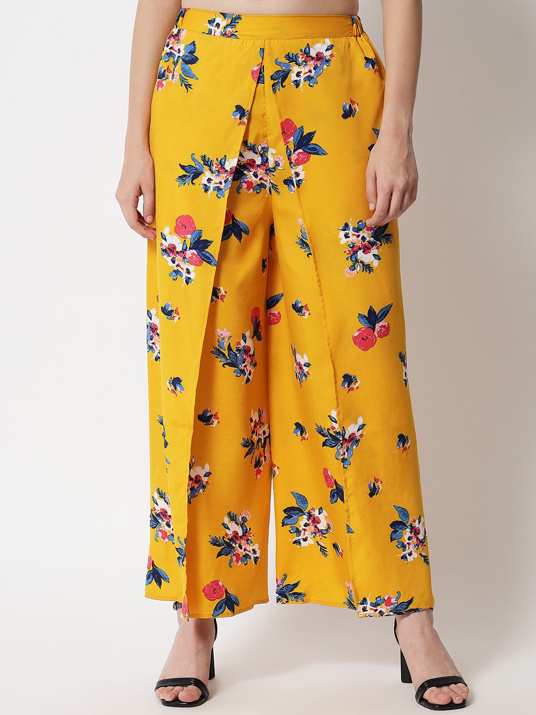 PURYS Women Mustard Yellow Floral Printed Smart Flared Trousers Price in India