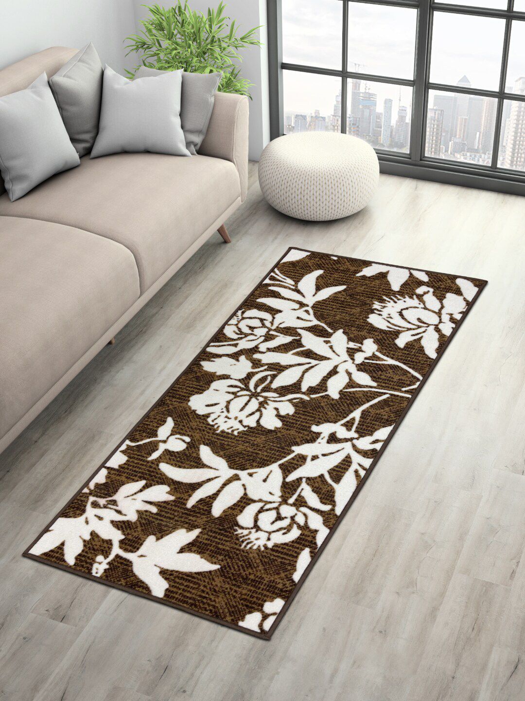 SPACES Brown & Off-White Printed 1115 GSM Floor Runner Price in India