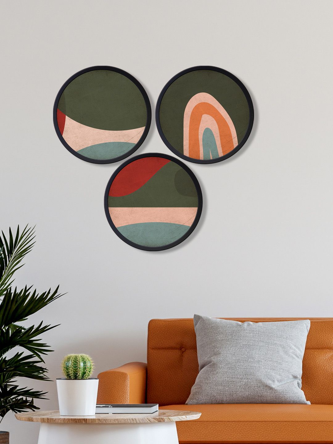 999Store Set of 3 Brown & Green Printed Round Wall Art Price in India