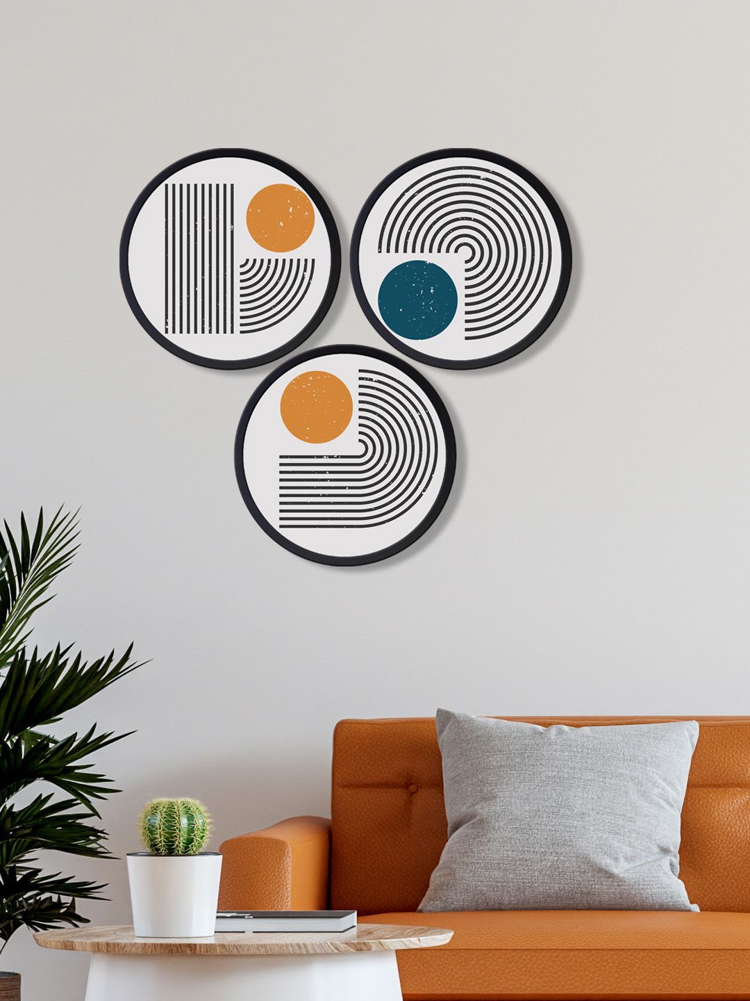 999Store Set of 3 White & Black Printed Round Wall Art Price in India