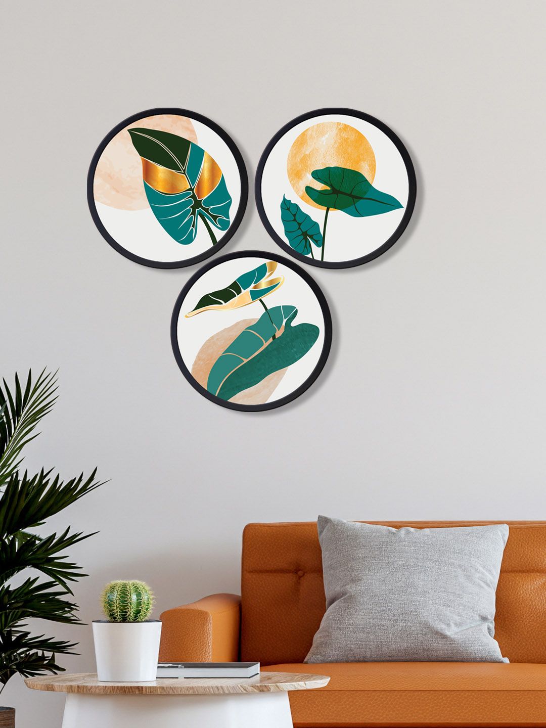 999Store Set Of 3 White and Green Leaves Round Painting Frame Wall Art Price in India