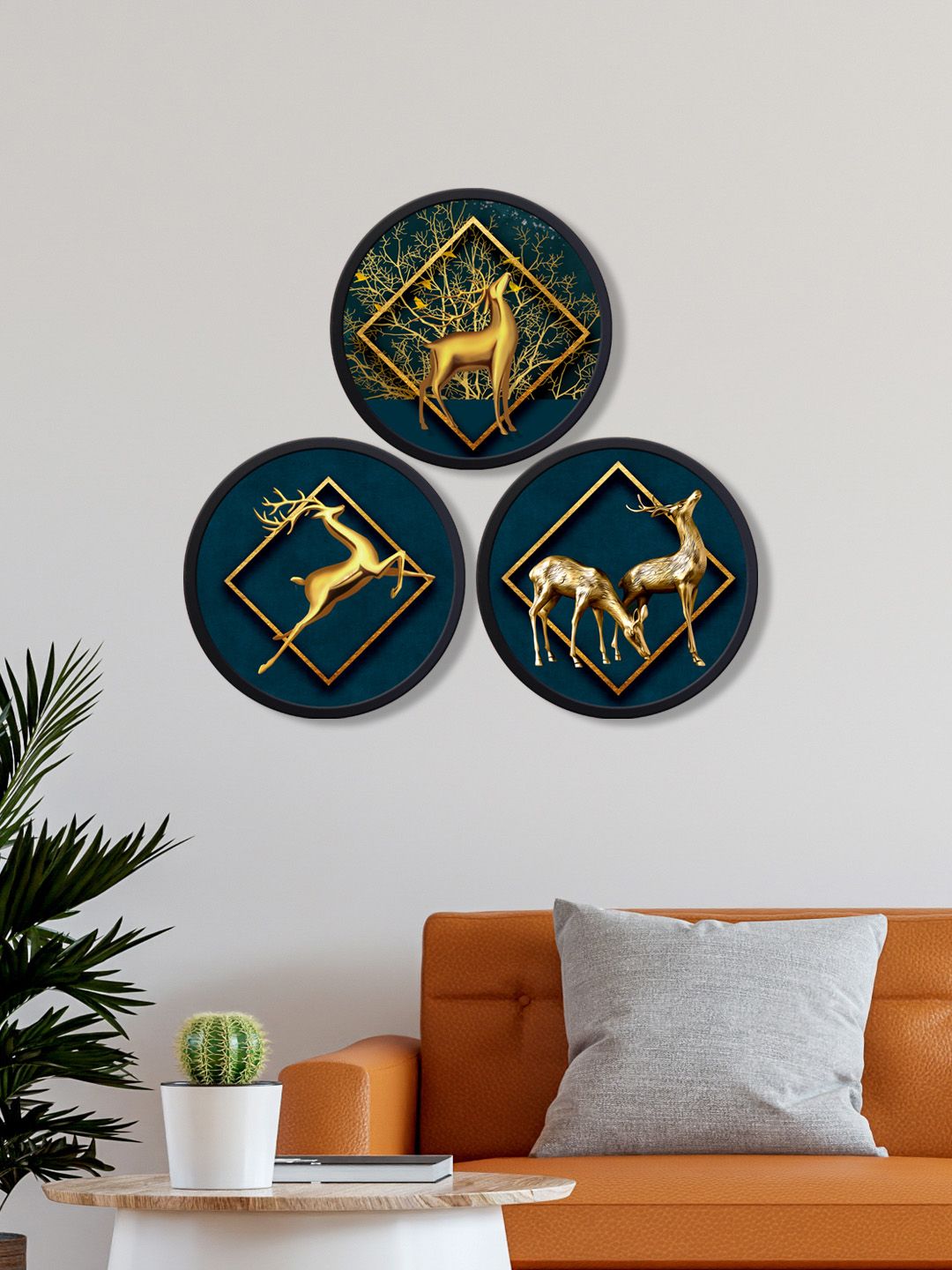 999Store Set Of 3 Gold-Toned & Teal Round Canvas Painting Frames Wall Art Price in India