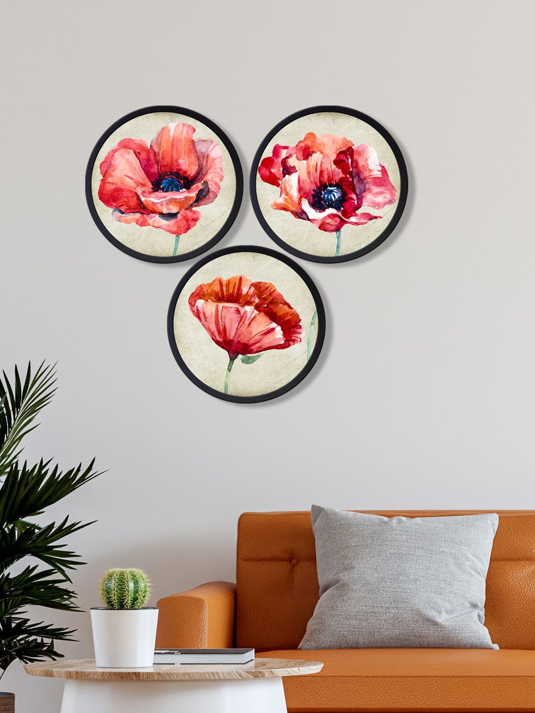 999Store Set Of 3 Printed Flowers Round Wall Art Price in India