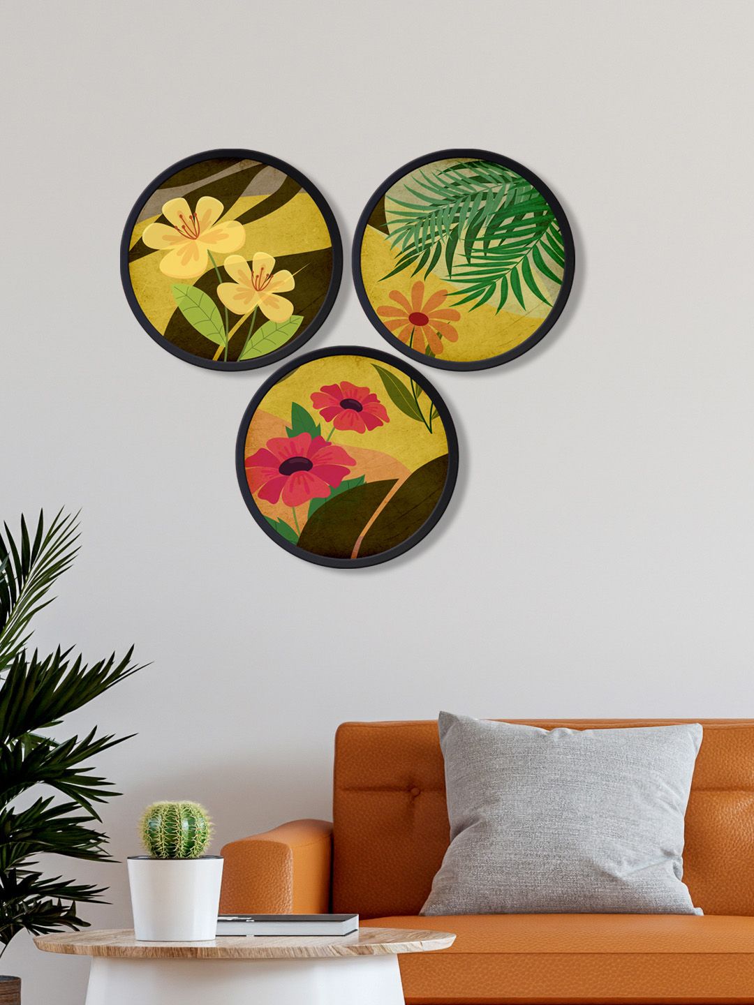 999Store Set Of 3 Multicolor Flowers Painting Round Wall Art Price in India