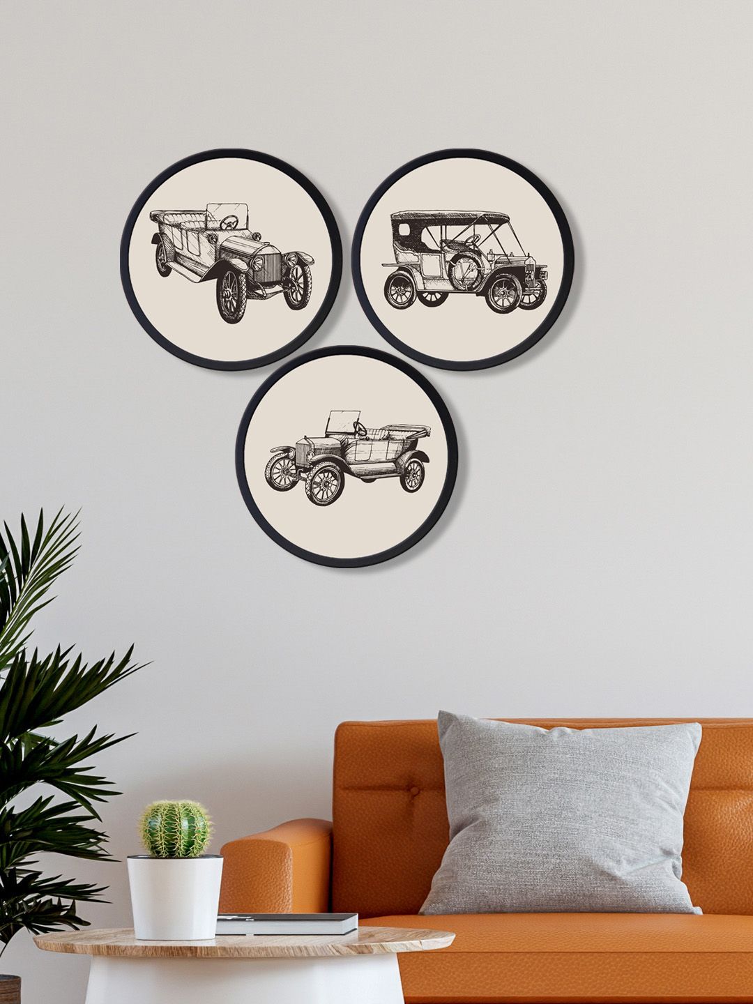 999Store Yellow Set of 3 Vintage Car Round Wall Arts Price in India