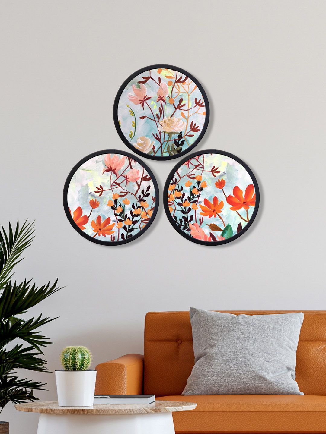 999Store Set Of 3 Multicolor Flowers Round Canvas Wall Art Price in India
