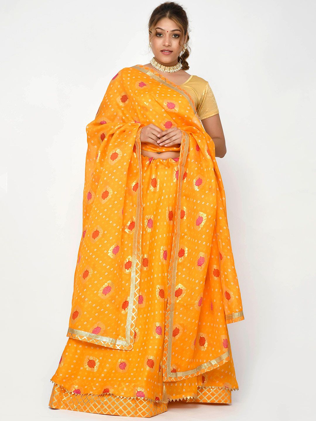 Kesarya Yellow & Red Embellished Ready to Wear Lehenga & Unstitched Blouse With Dupatta Price in India