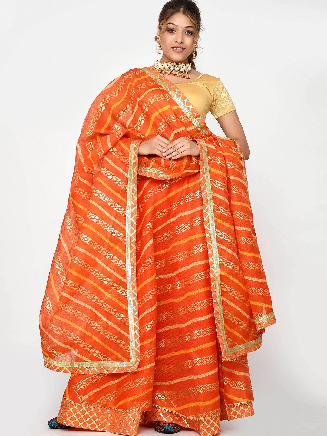 Kesarya Orange & Gold-Toned Embellished Foil Print Ready to Wear Lehenga & Unstitched Blouse With Dupatta